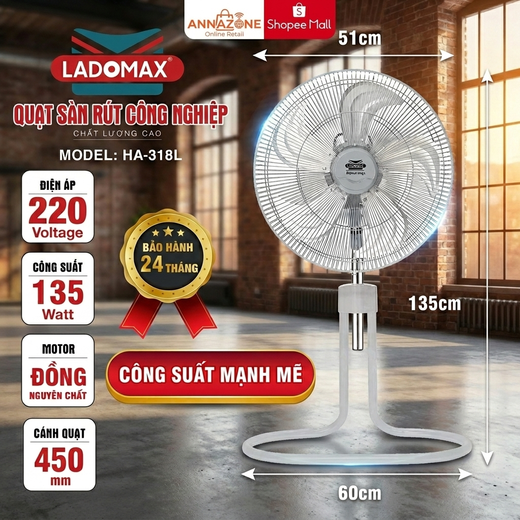 Quạt Sàn Rút Công Nghiệp LADOMAX 135W ANNAZONE  Motor 100% Lõi Đồng, 5 Tốc Độ Gió, Bảo Hành 24 Tháng Chính Hãng AnnaZone