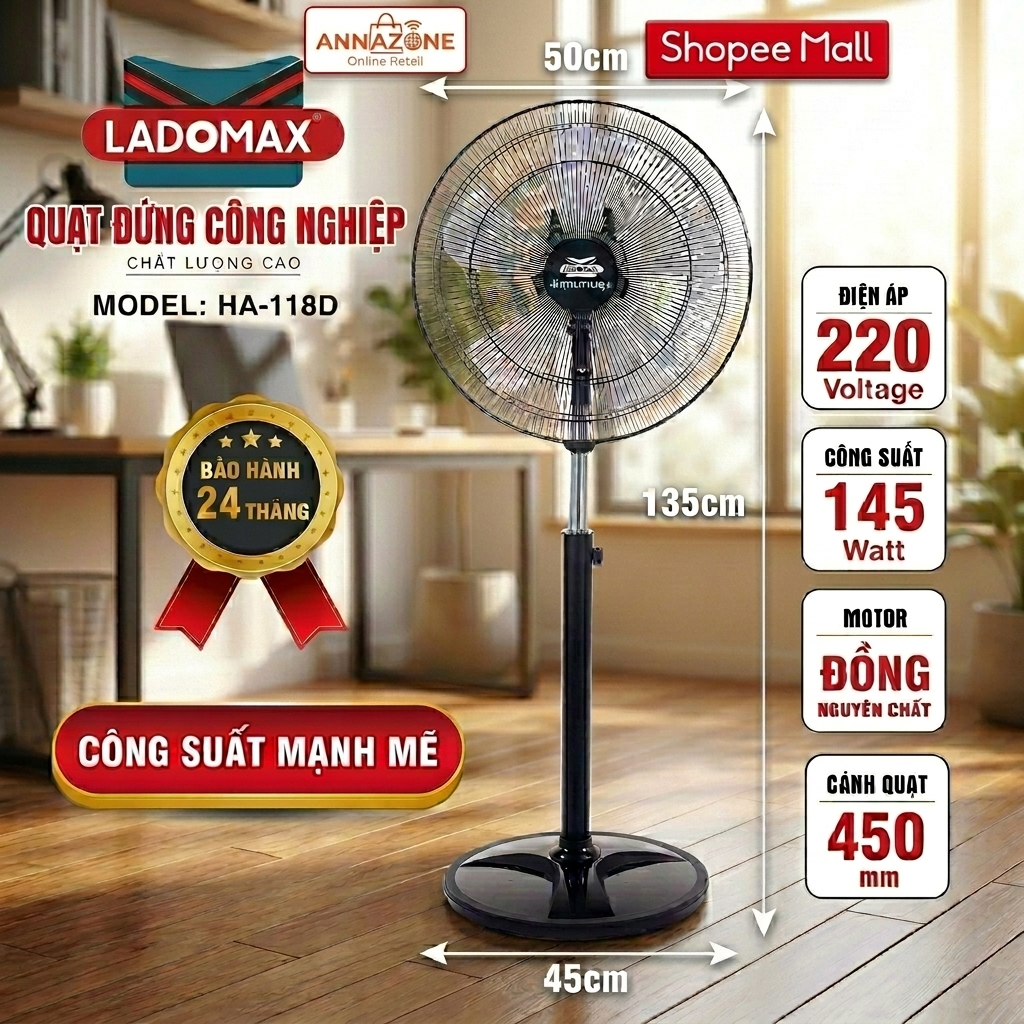 Quạt Đứng Công Nghiệp LADOMAX 145W - Motor 100% Lõi Đồng, 5 Tốc Độ Gió, Bảo Hành 24 Tháng Chính Hãng AnnaZone