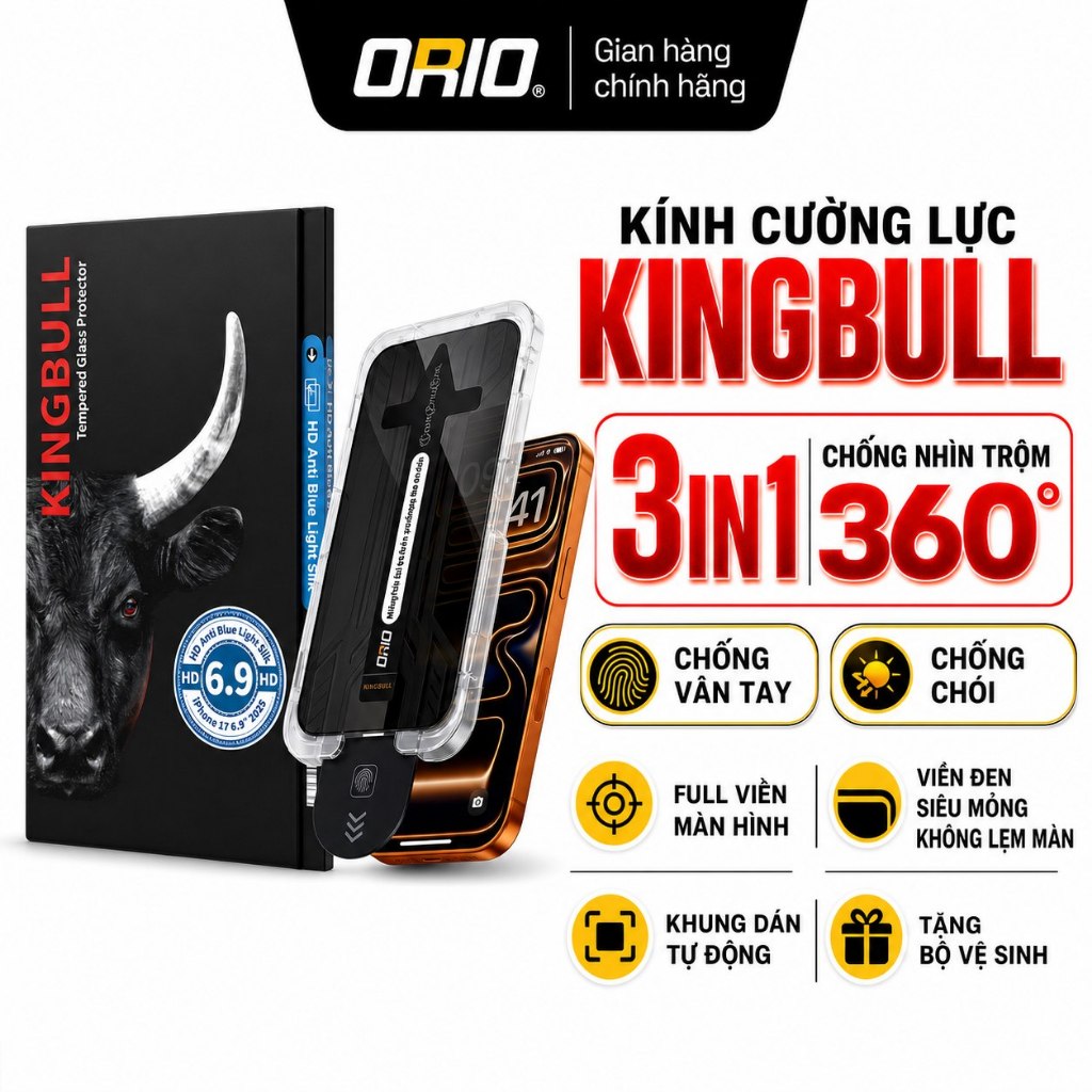 Kính Cường Lực iPhone Kingbull Khung Tự Dán 3in1 Chống Nhìn Trộm 360° +Nhám Chống Vân Tay+Chống Chói