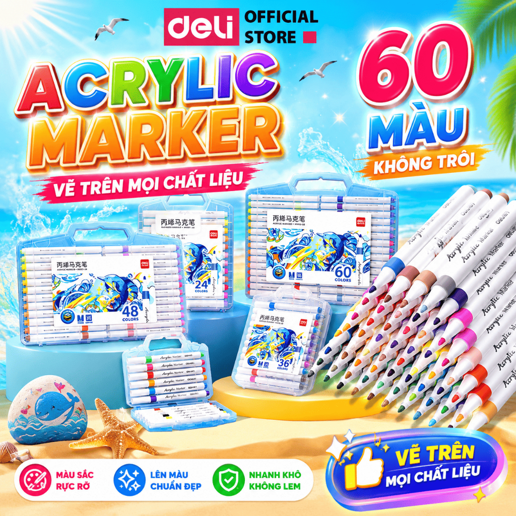 Bút Sơn Acrylic Marker 60 Màu - Ngòi Nhỏ - Lượng Mực Lớn - Chính hãng Deli - DIY Nhiều Bề Mặt