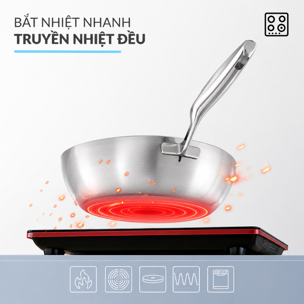 Bộ 3 Chảo Inox 316 Sâu Lòng Haatz 20/24/26cm Đáy Từ, Đa Năng, Bền Bỉ, Dùng Mọi Loại Bếp