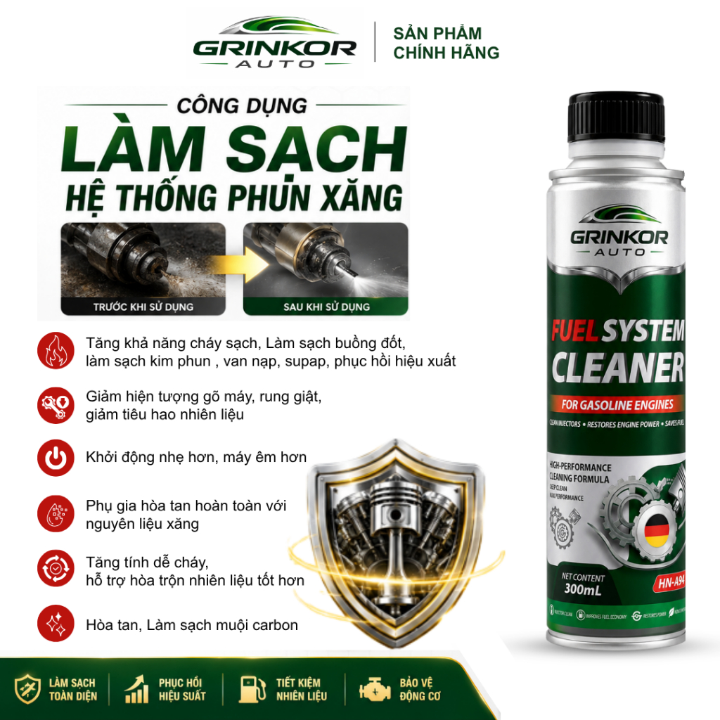 Phụ Gia Vệ Sinh Kim Phun Buồng Đốt Động Cơ Xăng E10 Grinkor Auto 300ml Giảm Khói Đen Hỗ Trợ Phục Hồi Hiệu Suất