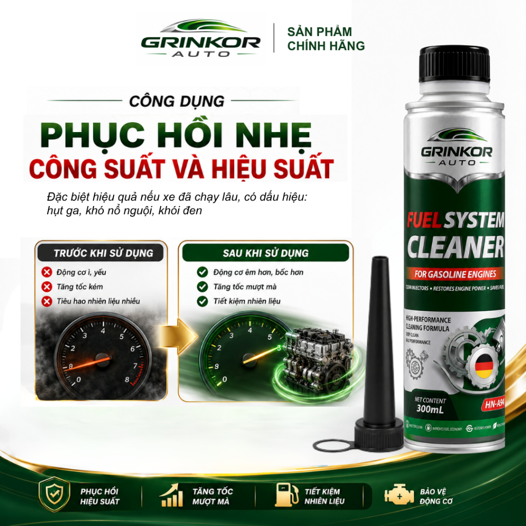 Phụ Gia Vệ Sinh Kim Phun Buồng Đốt Động Cơ Xăng E10 Grinkor Auto 300ml Giảm Khói Đen Hỗ Trợ Phục Hồi Hiệu Suất