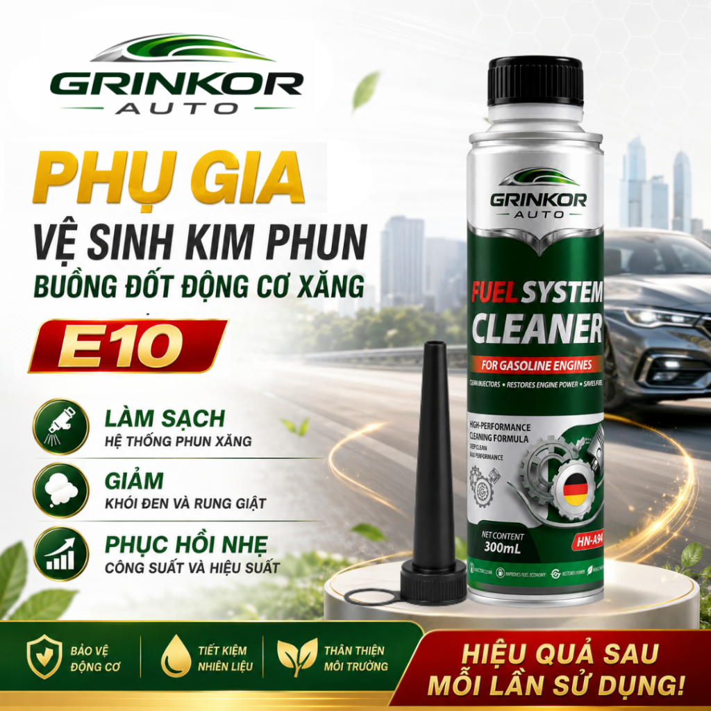 Phụ Gia Vệ Sinh Kim Phun Buồng Đốt Động Cơ Xăng E10 Grinkor Auto 300ml Giảm Khói Đen Hỗ Trợ Phục Hồi Hiệu Suất