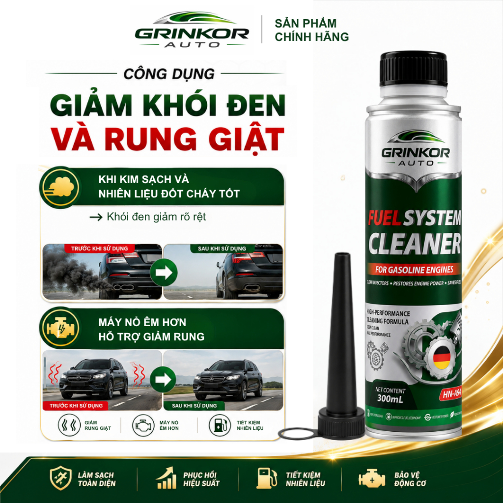 Phụ Gia Vệ Sinh Kim Phun Buồng Đốt Động Cơ Xăng E10 Grinkor Auto 300ml Giảm Khói Đen Hỗ Trợ Phục Hồi Hiệu Suất