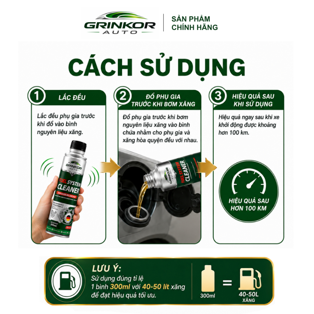 Phụ Gia Vệ Sinh Kim Phun Buồng Đốt Động Cơ Xăng E10 Grinkor Auto 300ml Giảm Khói Đen Hỗ Trợ Phục Hồi Hiệu Suất