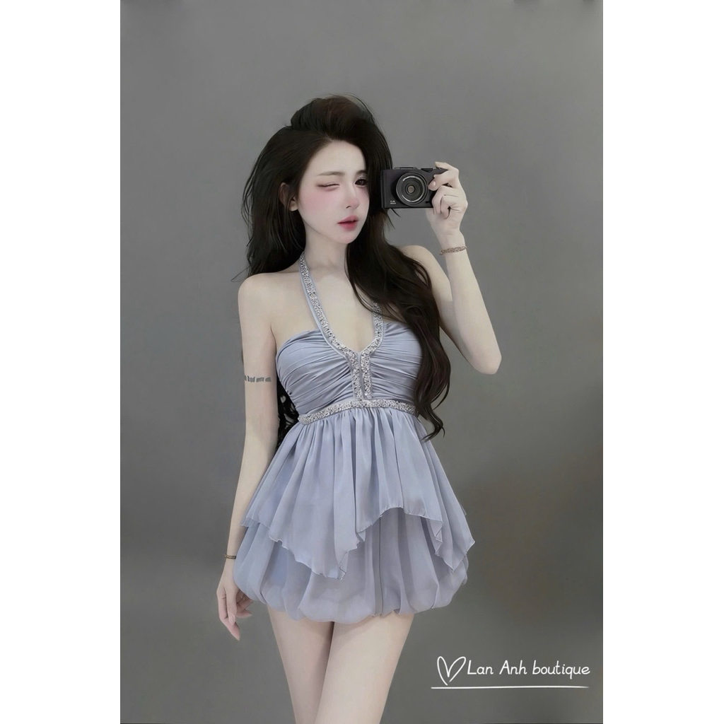 Set váy áo tơ bèo mix chân váy ngắn