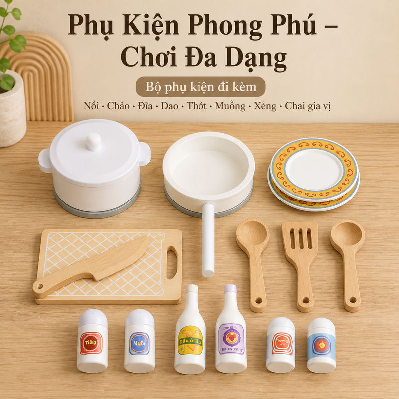 Đồ Chơi Nhà Bếp Bằng Gỗ Kiểu Nhật Cao Cấp - Bộ Đồ Chơi Nấu Ăn Cho Bé Gái An Toàn Giúp Phát Triển Kỹ Năng