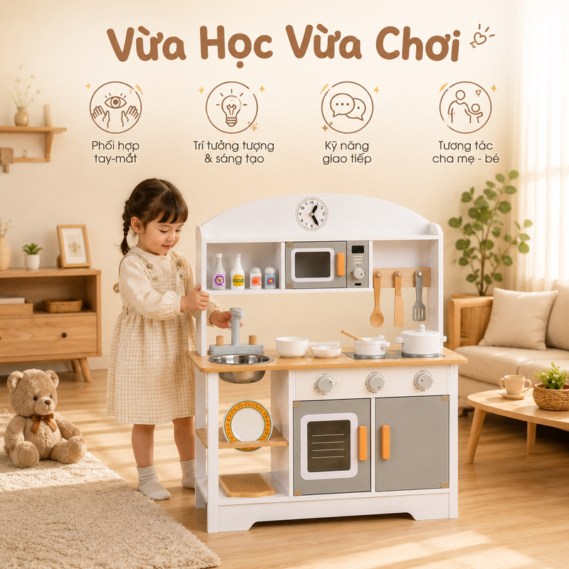 Đồ Chơi Nhà Bếp Bằng Gỗ Kiểu Nhật Cao Cấp - Bộ Đồ Chơi Nấu Ăn Cho Bé Gái An Toàn Giúp Phát Triển Kỹ Năng