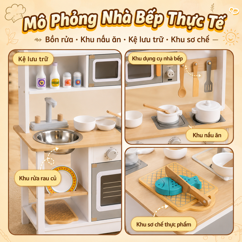 Đồ Chơi Nhà Bếp Bằng Gỗ Kiểu Nhật Cao Cấp - Bộ Đồ Chơi Nấu Ăn Cho Bé Gái An Toàn Giúp Phát Triển Kỹ Năng
