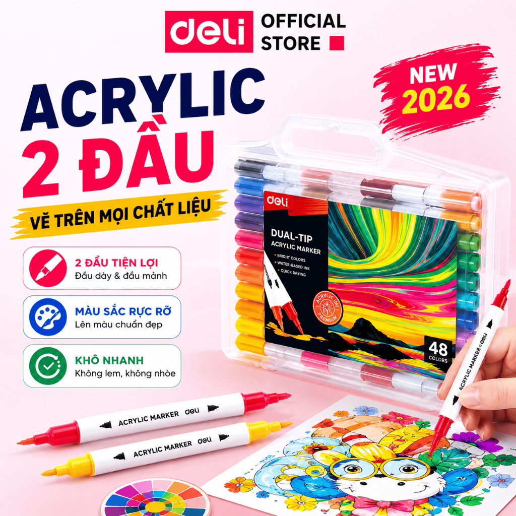 Bút Sơn Acrylic Marker 2 Đầu 48 Màu Deli THÊM 50% Mực Màu Vẽ Trên Mọi Chất Liệu Chồng Màu