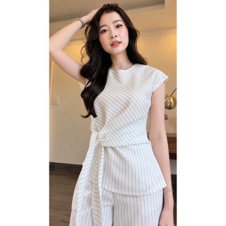 Set Bộ Kẻ Sọc Cao Cấp Áo Cánh Tiên Thắt Eo Kèm Quần Ống Rộng Thanh Lịch Dễ Mặc MIA S216