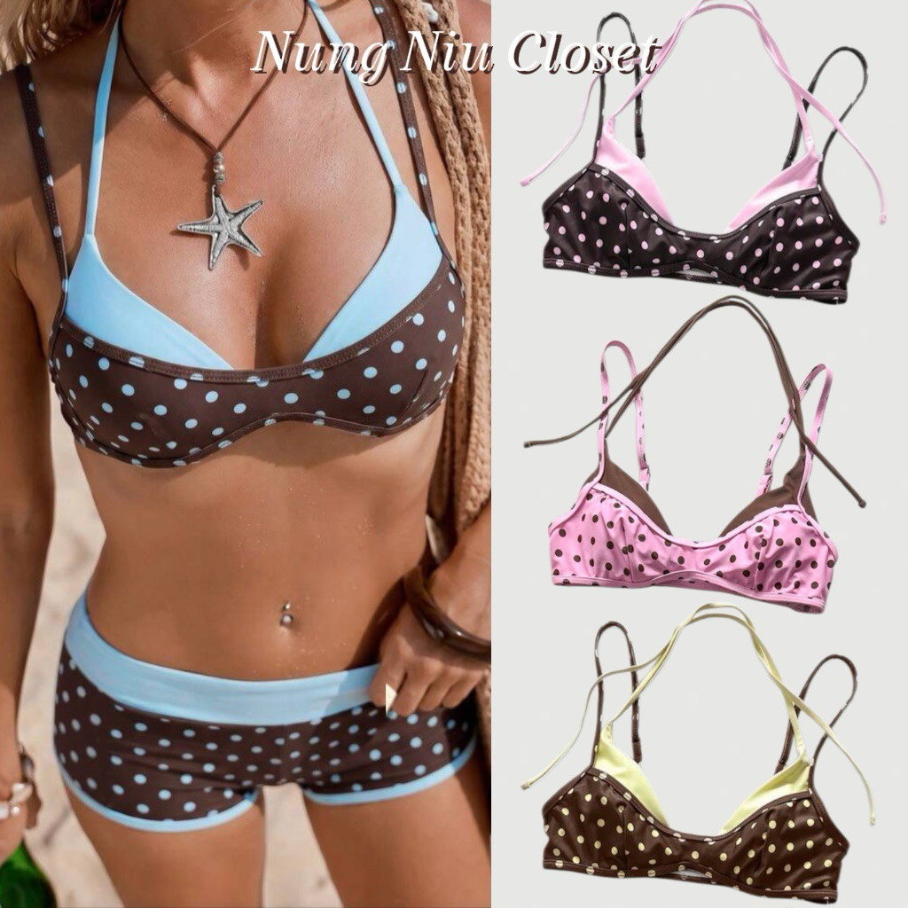 NUNG NIU - Set Bikini Chấm Bi Nâu Phối Xanh Mẫu Mới (Sẵn mút)