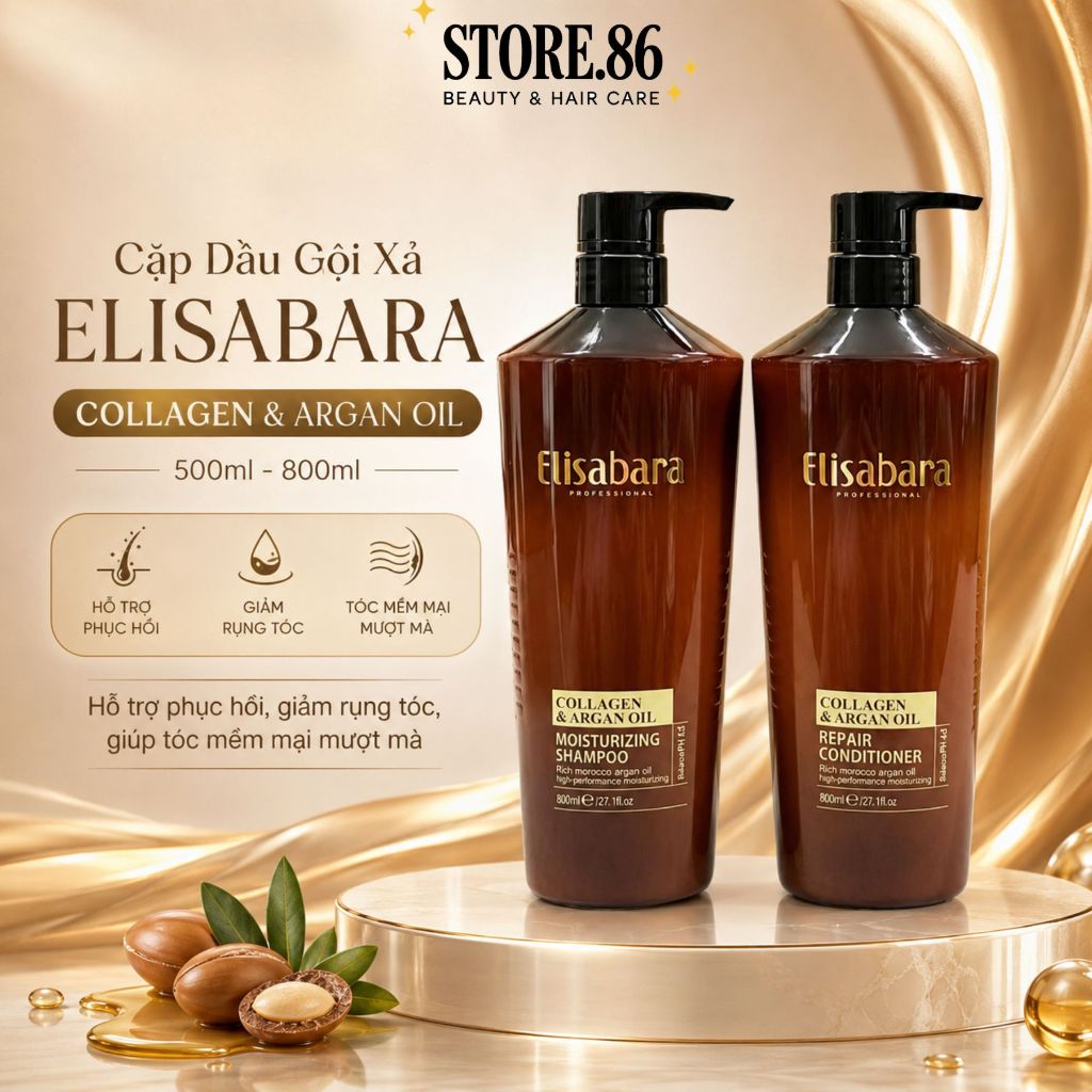 Combo Dầu Gội Xả ELISA Mẫu Mới ELISABARA 500ml - 800ml Hỗ Trợ Phục Hồi Tóc Khô Xơ, Giảm Gãy Rụng