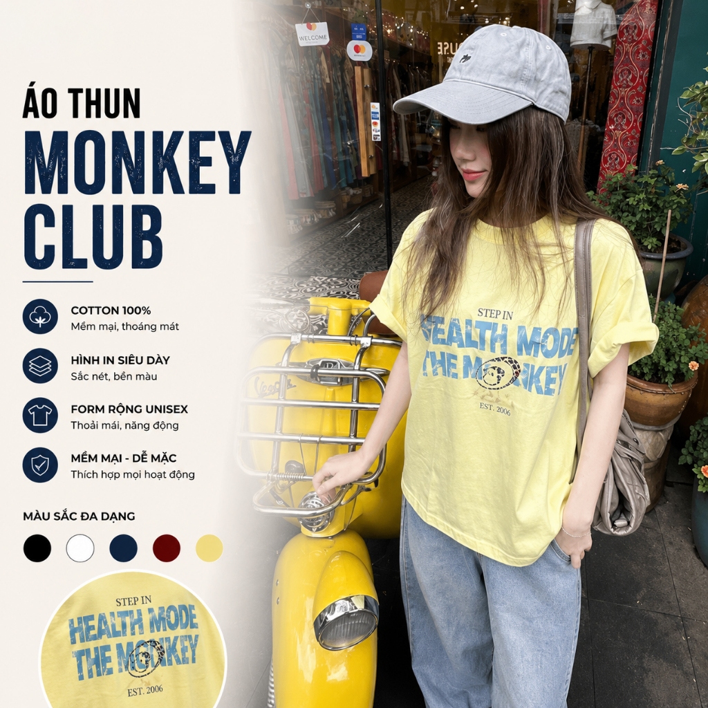 Áo Thun Monkey Club, Chất Cotton 100%, Hình In Siêu Dày, From Unisex Dễ Mặc, Màu Sắc Đa Dạng