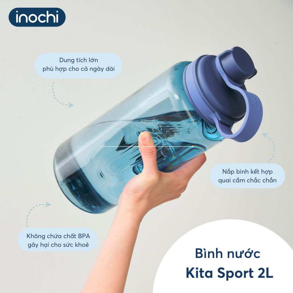 Bình nước thể thao Kita Sport nhựa Tritan TẶNG ống hút, không BPA, dung tích 2L, chính hãng Inochi