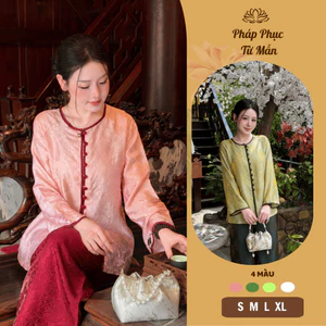 Pháp phục đi chùa cổ tròn 10 cúc bọc gấm tằm vân thọ Bộ đi chùa cách tân dài tay gấm mềm mịn Thanh lịch
