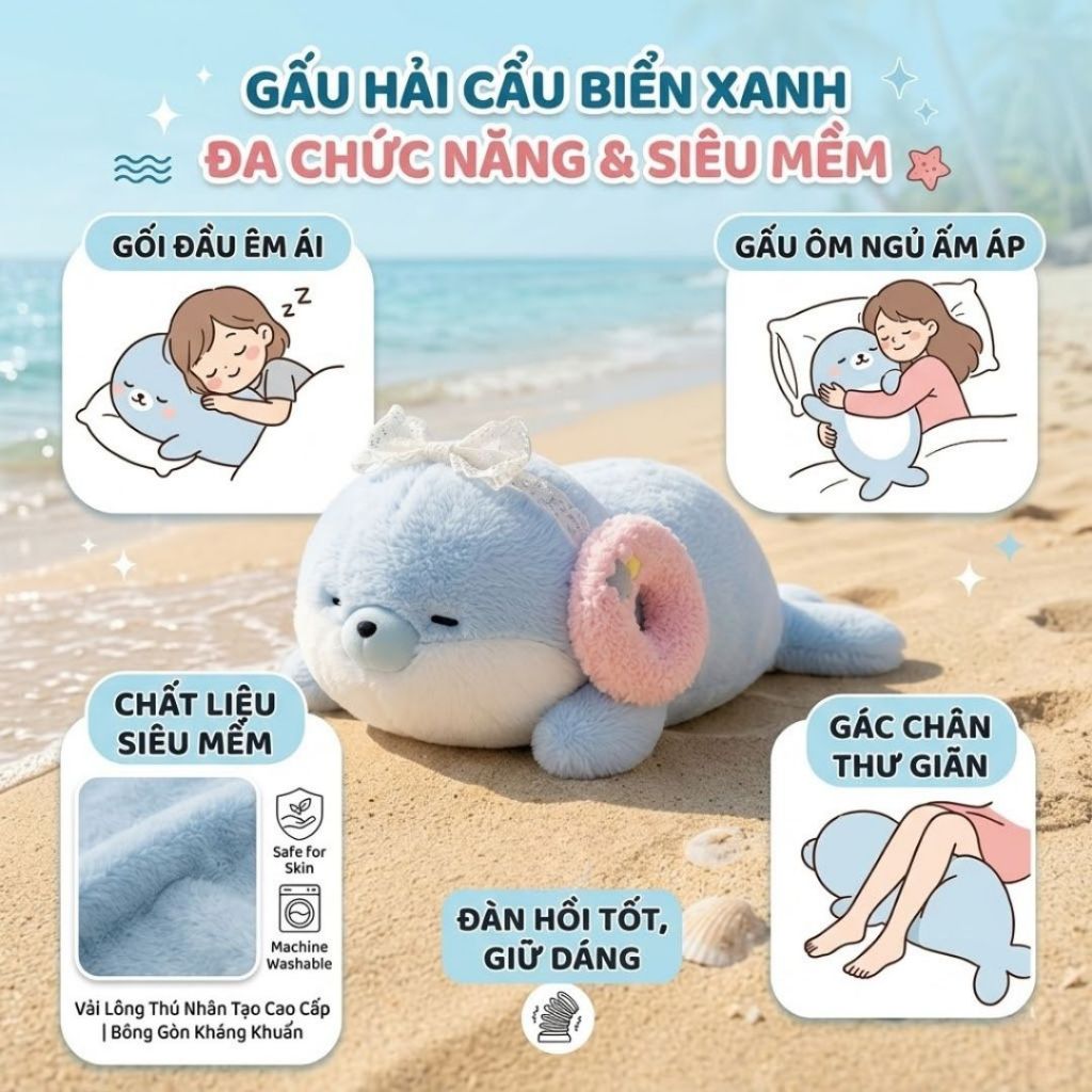 Gấu Bông Hải Cẩu Xanh Đội Mũ Ngủ Ôm Trăng Sao Ngủ Siêu Đáng Yêu, Gấu Gối Ôm Hải Cẩu Mềm Mịn Quà Tặng Cho Bé,Bạn Gái