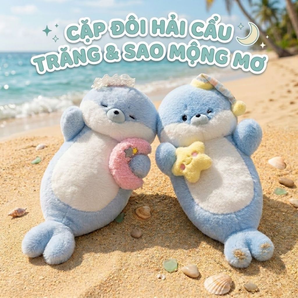 Gấu Bông Hải Cẩu Xanh Đội Mũ Ngủ Ôm Trăng Sao Ngủ Siêu Đáng Yêu, Gấu Gối Ôm Hải Cẩu Mềm Mịn Quà Tặng Cho Bé,Bạn Gái