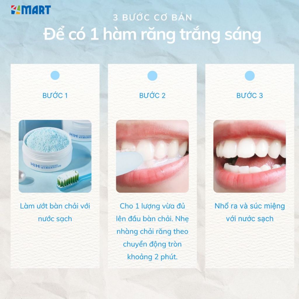 Bột Nha Khoa Trắng Răng HIH 50g giúp loại bỏ ố vàng, khử mùi hôi miệng, giảm viêm và ngăn ngừa sâu răng