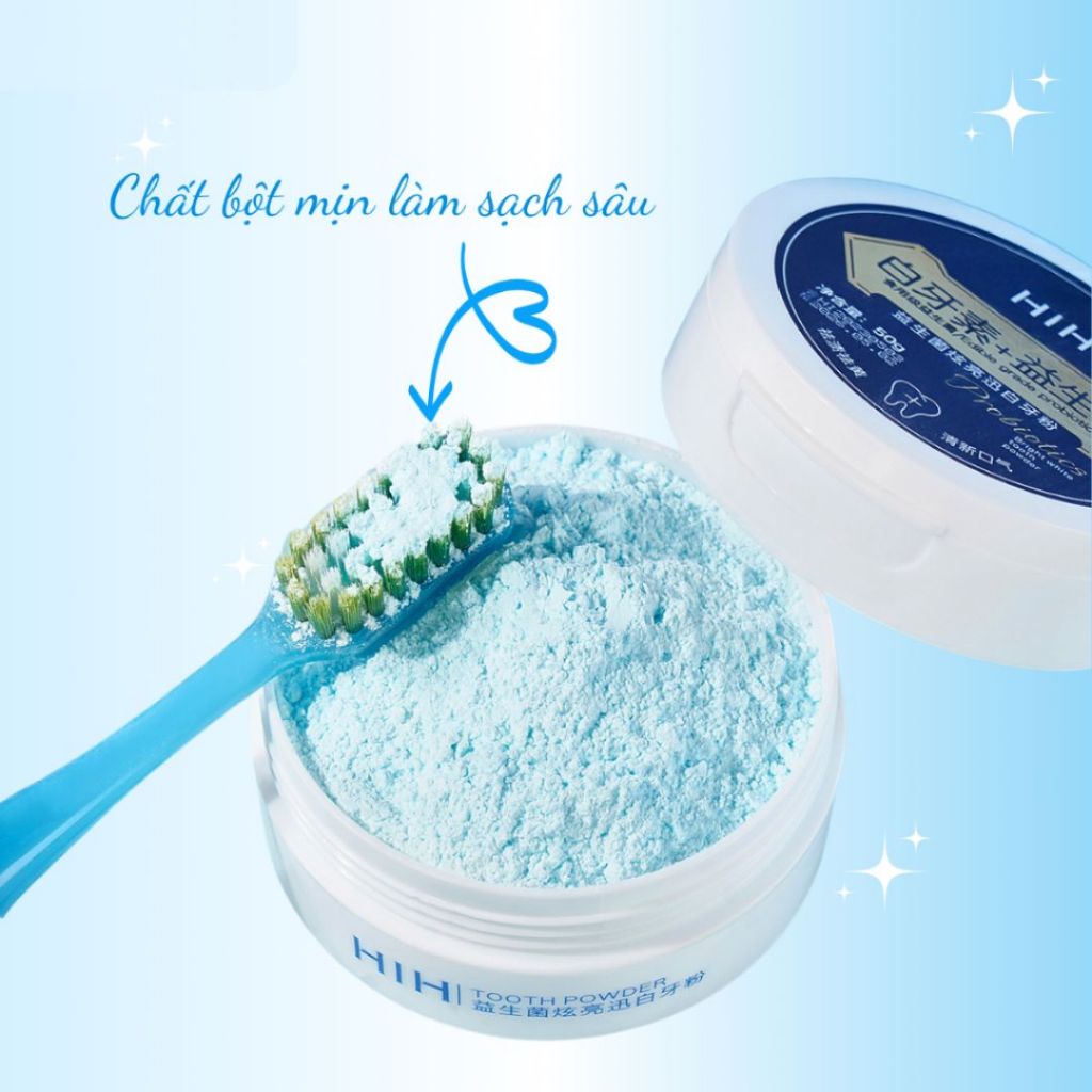 Bột Nha Khoa Trắng Răng HIH 50g giúp loại bỏ ố vàng, khử mùi hôi miệng, giảm viêm và ngăn ngừa sâu răng