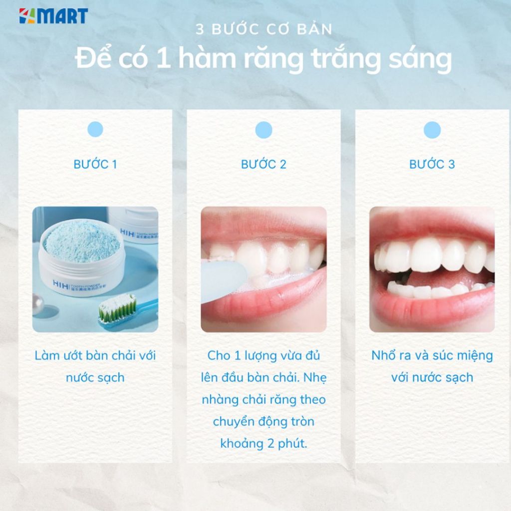Bột Nha Khoa Trắng Răng HIH 50g giúp loại bỏ ố vàng, khử mùi hôi miệng, giảm viêm và ngăn ngừa sâu răng