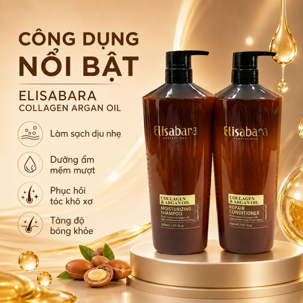 Combo Dầu Gội Xả ELISA Mẫu Mới ELISABARA 500ml - 800ml Hỗ Trợ Phục Hồi Tóc Khô Xơ, Giảm Gãy Rụng