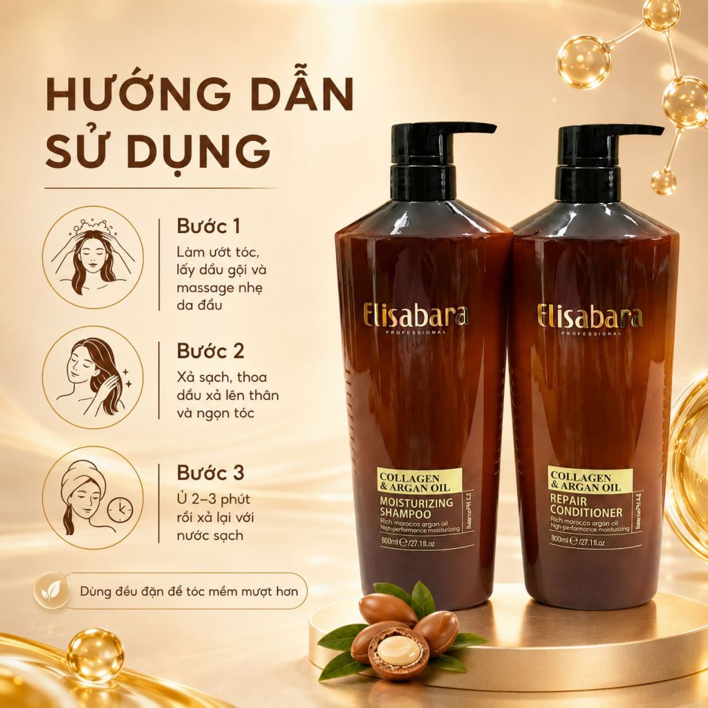 Combo Dầu Gội Xả ELISA Mẫu Mới ELISABARA 500ml - 800ml Hỗ Trợ Phục Hồi Tóc Khô Xơ, Giảm Gãy Rụng