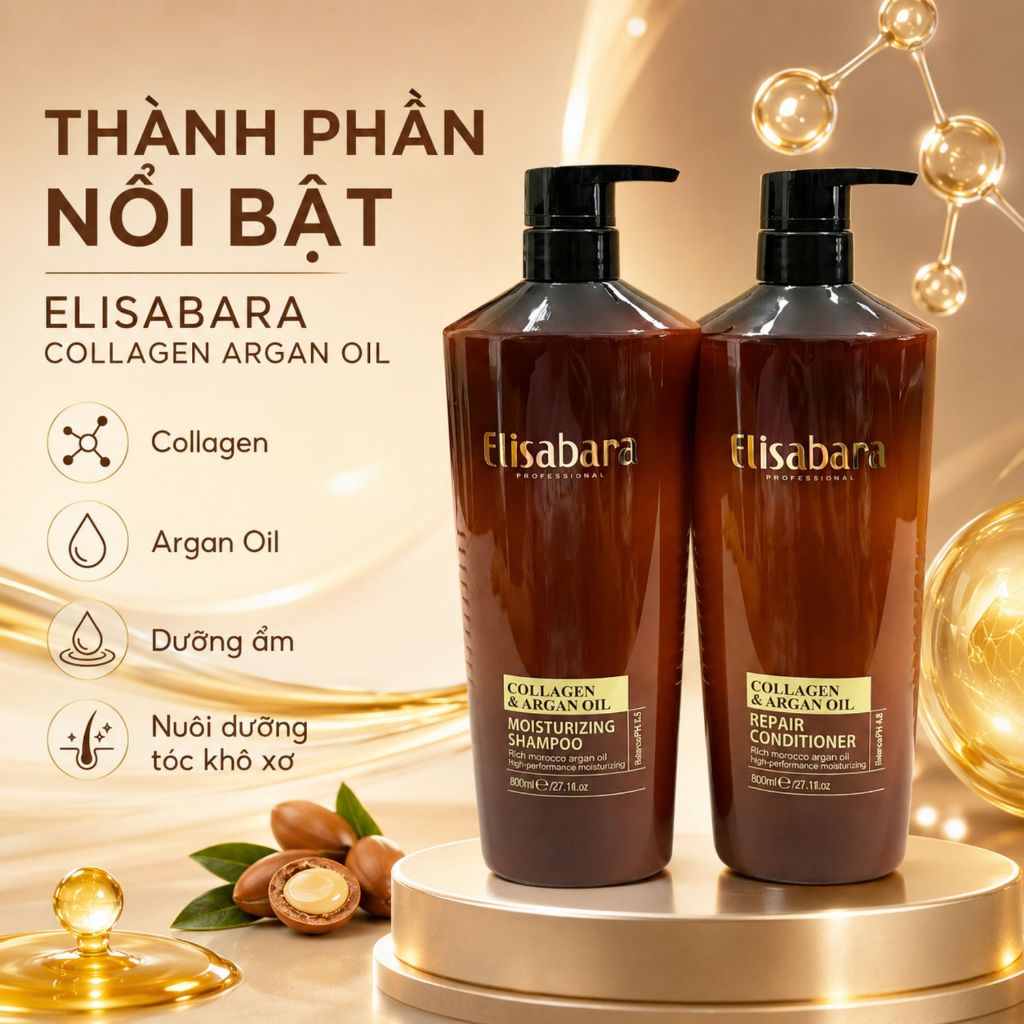 Combo Dầu Gội Xả ELISA Mẫu Mới ELISABARA 500ml - 800ml Hỗ Trợ Phục Hồi Tóc Khô Xơ, Giảm Gãy Rụng