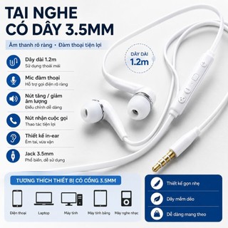 Tai Nghe Có Dây 3.5mm Có Mic Đàm Thoại, Nút Tăng Giảm Âm Lượng, Dây 1.2m Tương Thích Điện Thoại Laptop PC