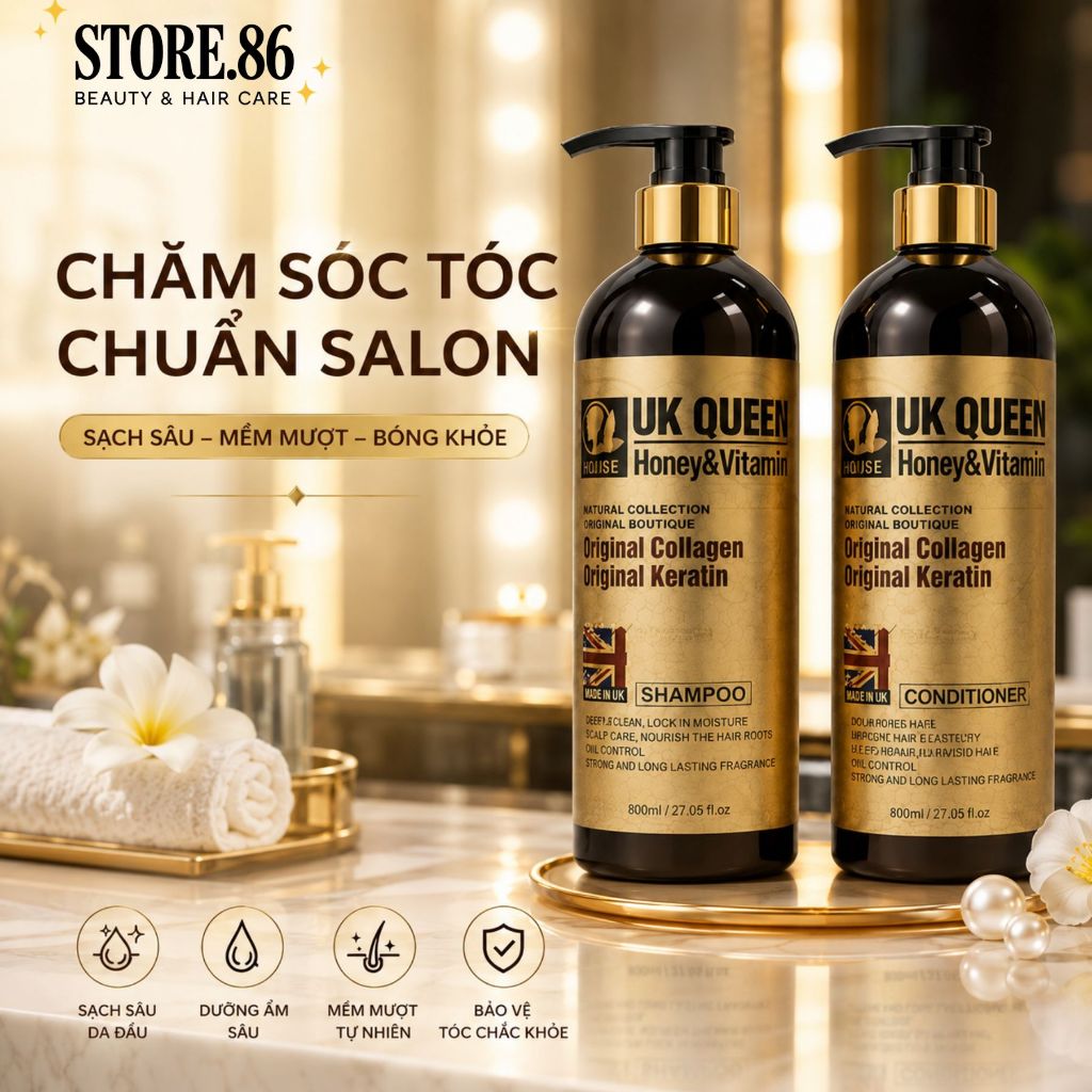 Dầu Gội Dầu Xả UK QUEEN Honey & Vitamin 800ml Cho Tóc Khô Xơ, Hư Tổn, Hỗ Trợ Giảm Gãy Rụng