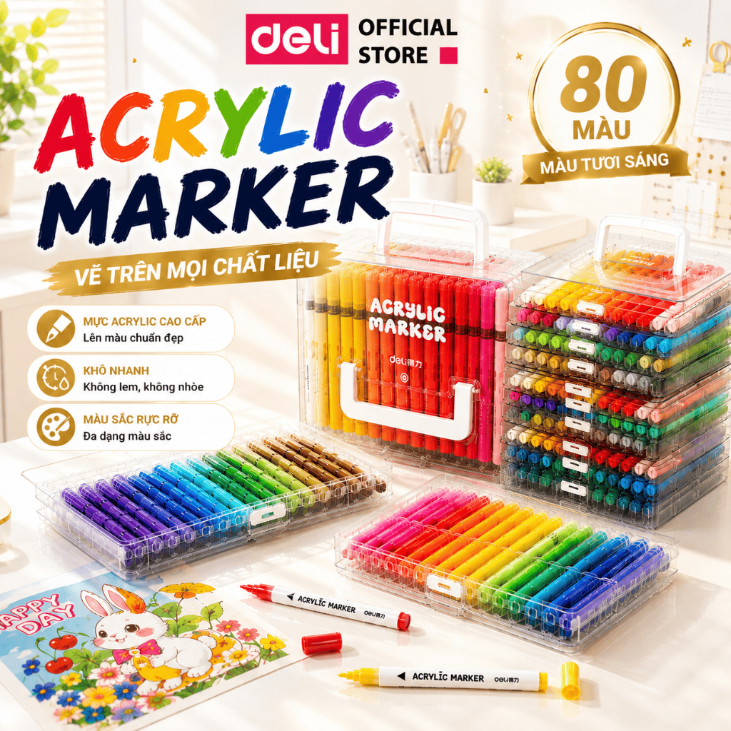 [🔥TRỢ GIÁ] Bút Sơn Acrylic Marker Deli Dạng Roller 24/36/48/60/84 Màu Acrylic Marker An Toàn Màu Vẽ Mọi Chất Liệu
