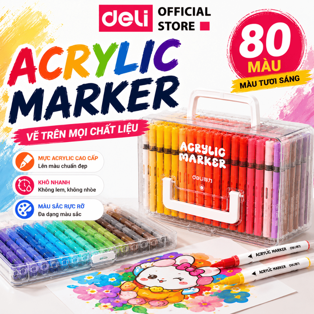 [CHÍNH HÃNG] Bút Sơn Acrylic Marker Deli Dạng Roller Hộp Nhựa 24/36/48/60/84 Màu Vẽ Trên Mọi Chất Liệu An Toàn