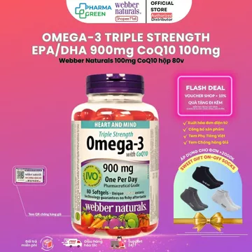 Dầu cá Triple Strength Omega 3 DHA/EPA 900mg và 100mg CoQ10 100mg Webber Natural Canada hộp 80v