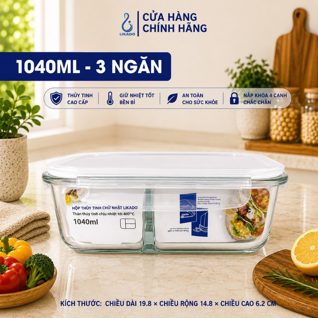 Hộp thủy tinh chữ nhật Likado chịu nhiệt, nắp đậy kín, dùng được trong lò vi sóng