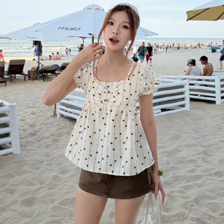 (HAVANA) Áo babydoll JUHI top tay bồng cổ vuông phối dây buộc cổ yếm AO956