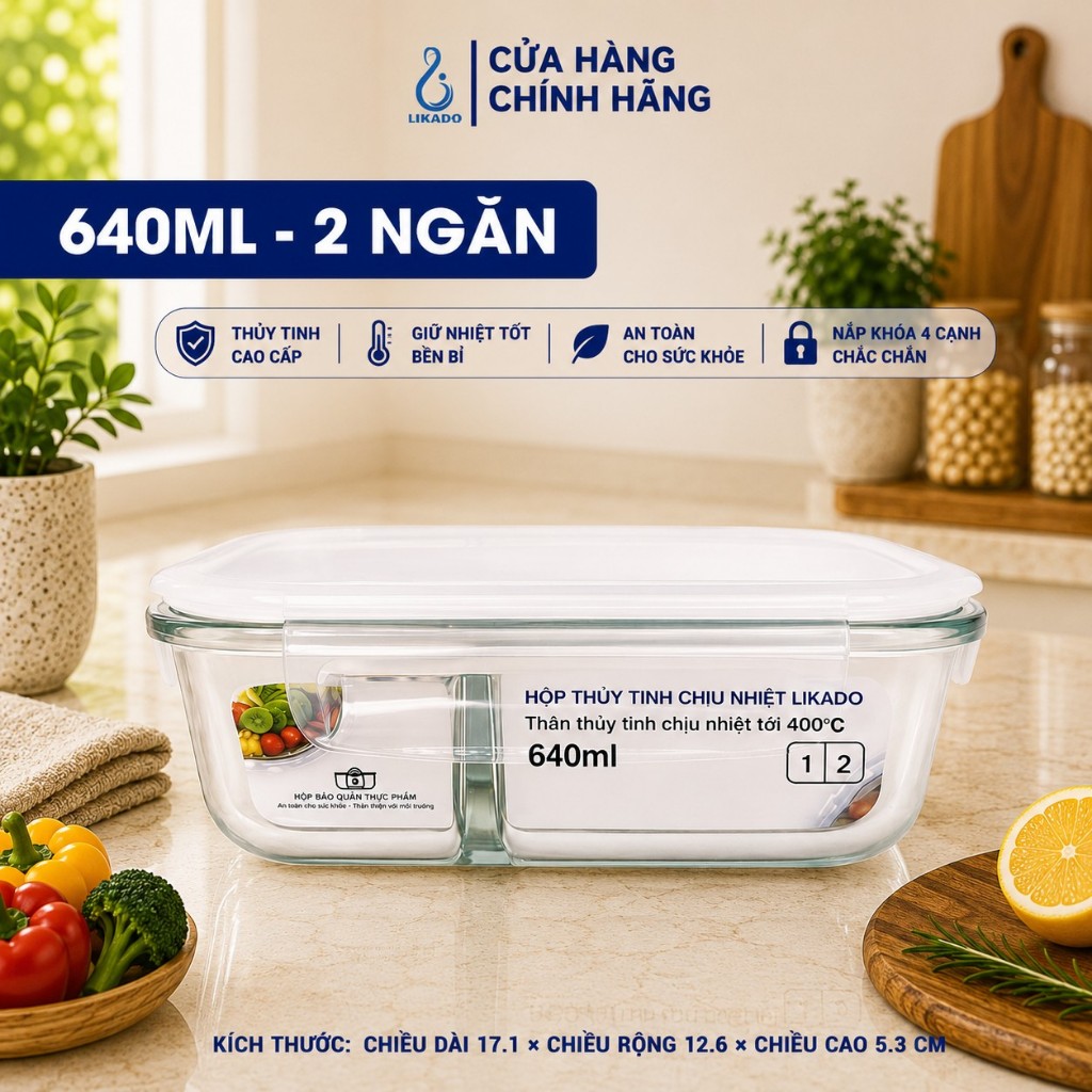 Hộp thủy tinh chữ nhật Likado chịu nhiệt, nắp đậy kín, dùng được trong lò vi sóng