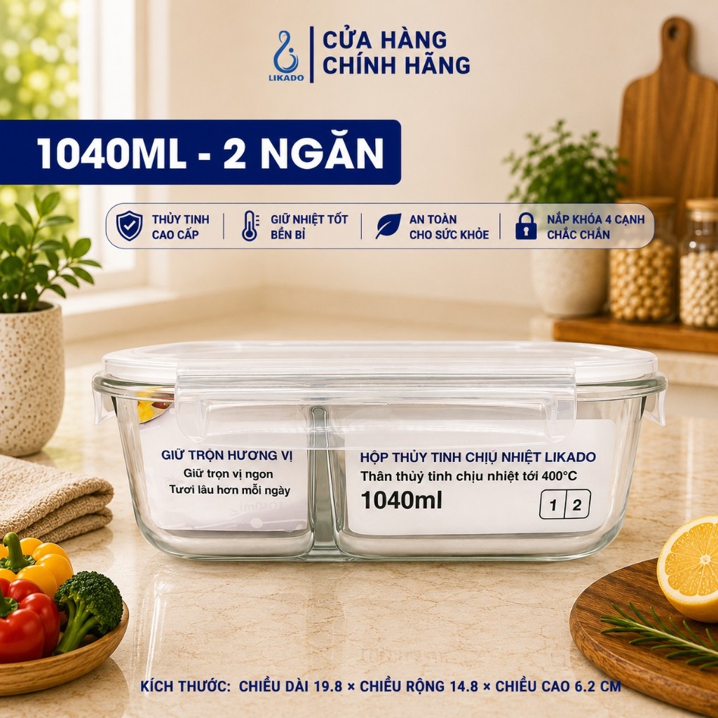 Hộp thủy tinh chữ nhật Likado chịu nhiệt, nắp đậy kín, dùng được trong lò vi sóng