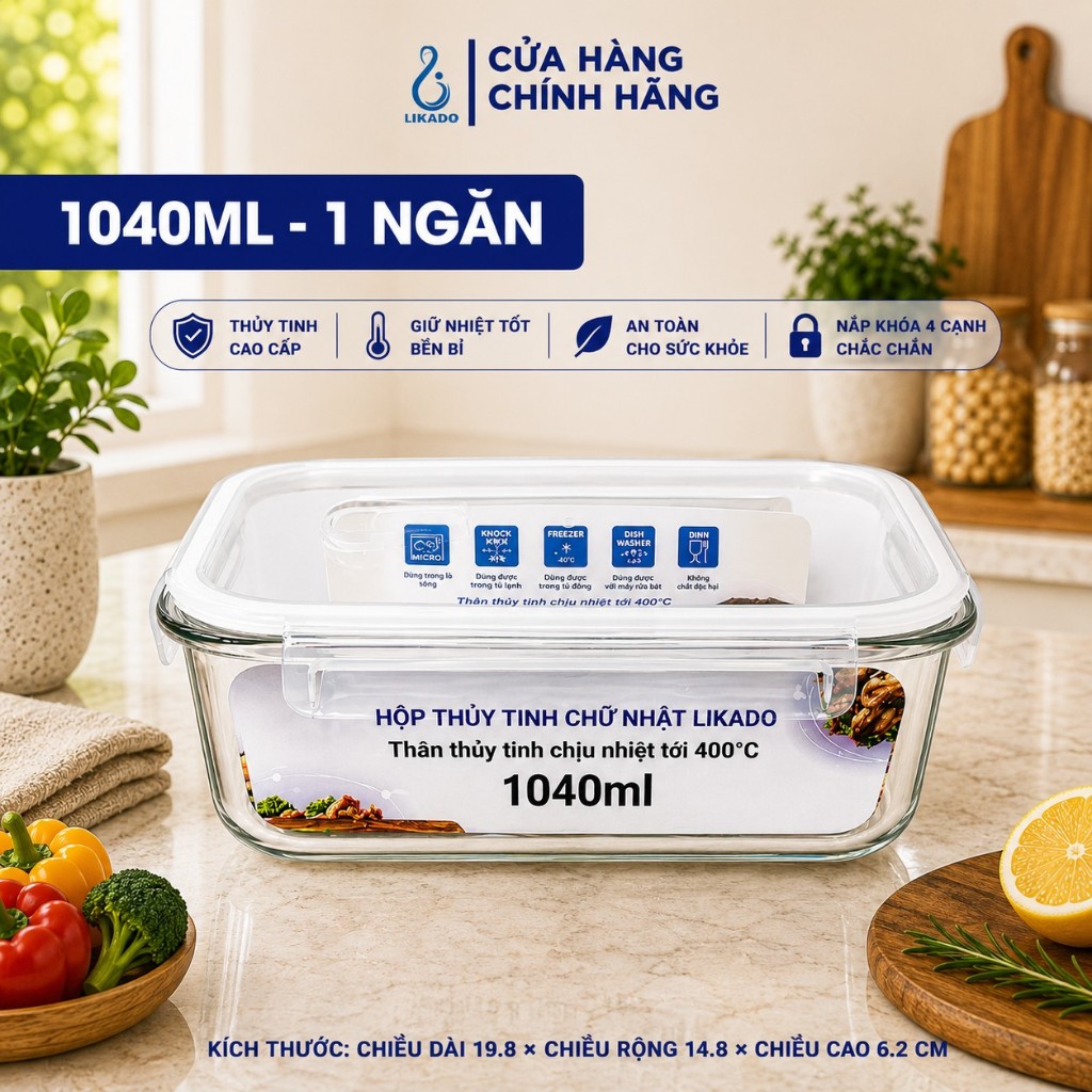 Hộp thủy tinh chữ nhật Likado chịu nhiệt, nắp đậy kín, dùng được trong lò vi sóng