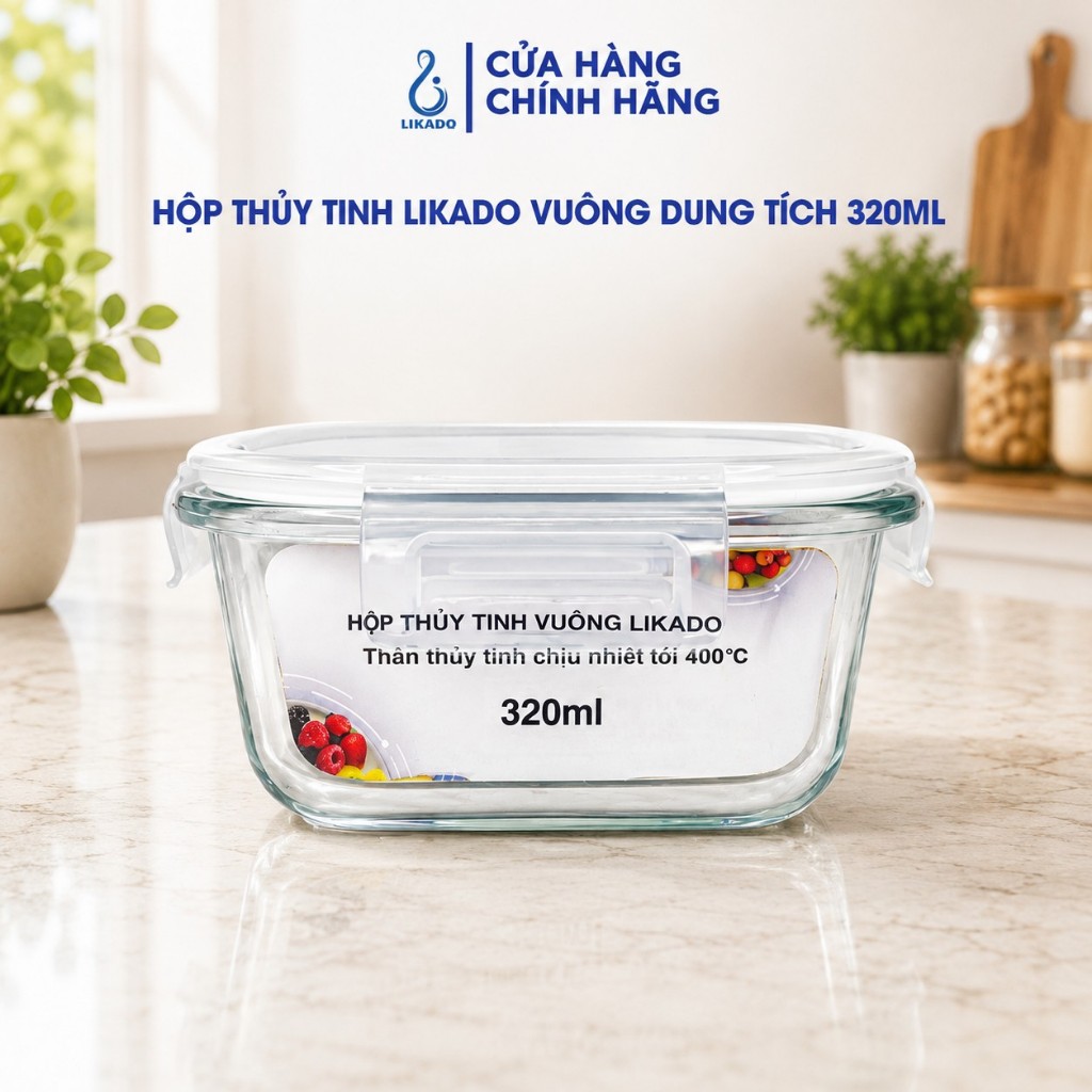 Hộp thủy tinh vuông Likado chịu nhiệt, nắp đậy kín, dùng được trong lò vi sóng