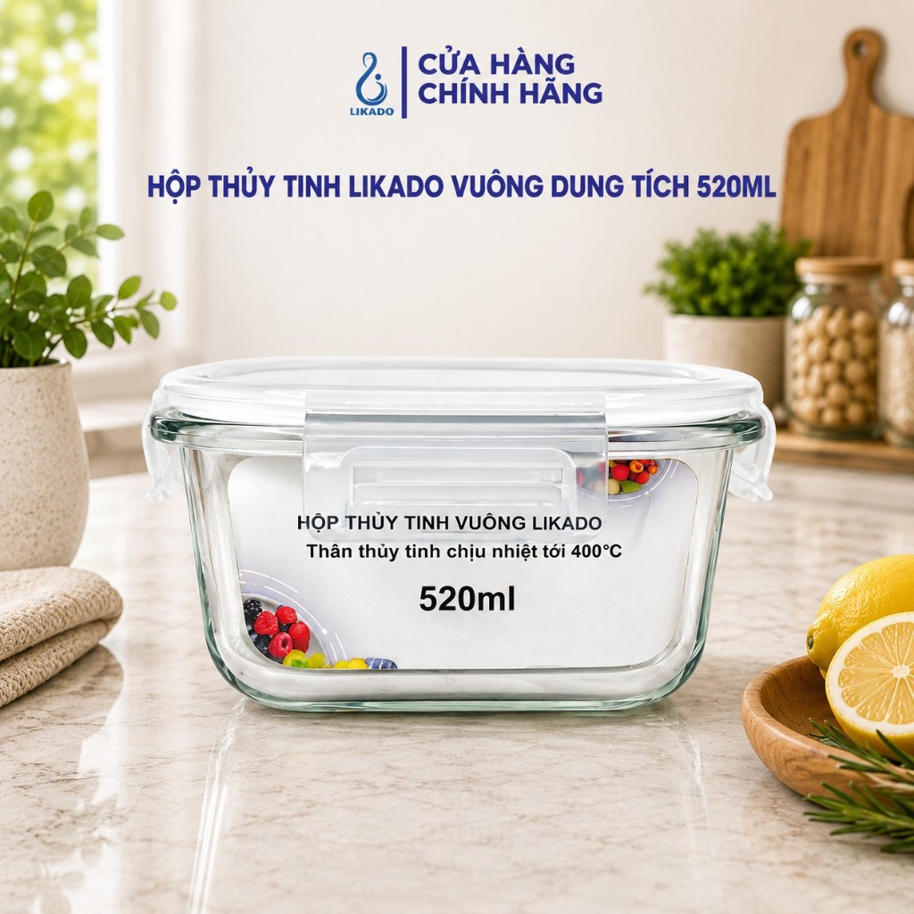Hộp thủy tinh vuông Likado chịu nhiệt, nắp đậy kín, dùng được trong lò vi sóng