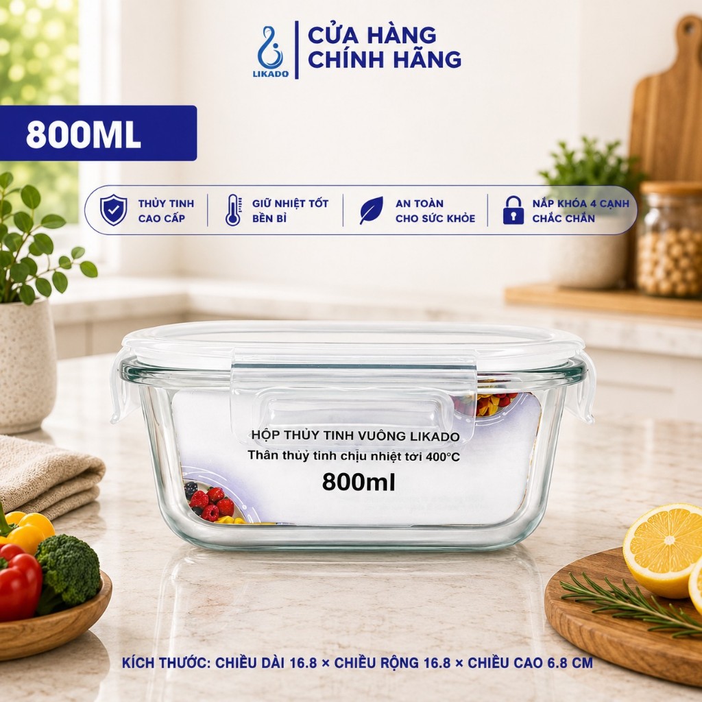 Hộp thủy tinh vuông Likado chịu nhiệt, nắp đậy kín, dùng được trong lò vi sóng