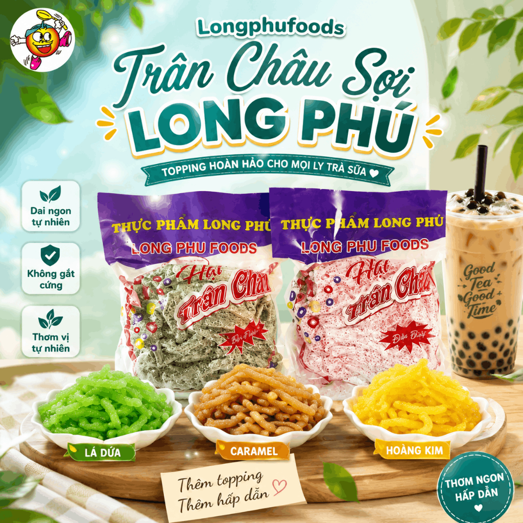 Trân Châu Sợi LONG PHÚ Gói 1kg Có nhiều vị - Topping Nguyên Liệu Trà Sữa Dẻo Dai Thơm Mềm