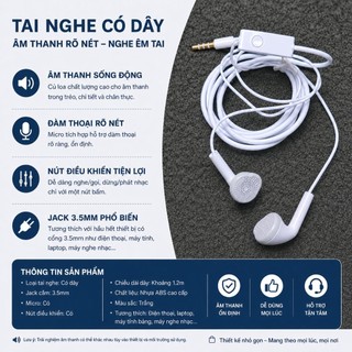 Tai Nghe Nhét Tai Có Dây Jack 3.5mm Công Thái Học Đeo Thoải Mái Âm Thanh Chất Lượng Dây Mềm Chống Rối Chiều Dài 1.2m