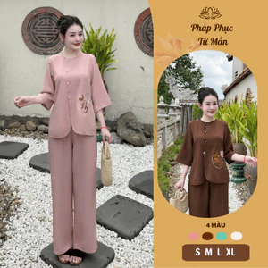 Pháp phục đi chùa cổ tết thêu chữ Thiền vải đũi line Đồ lam đi lễ tay lỡ vạt chéo đũi mềm mịn