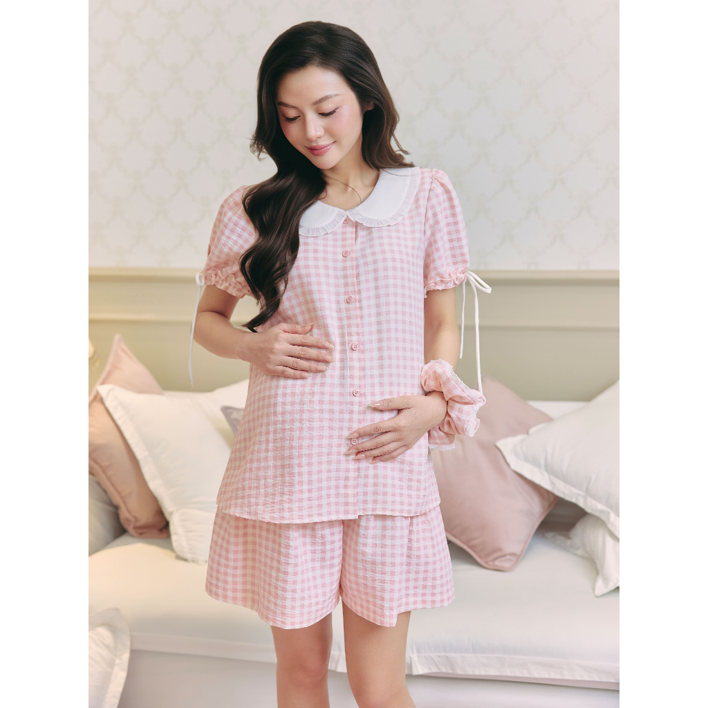Bộ Đồ Bầu Cloudy L'amme - Bộ Mặc Nhà Chất Đũi Hàn Dập Hoa Nổi Mềm Mát, Thiết Kế Quần Giả Váy Kín Đáo