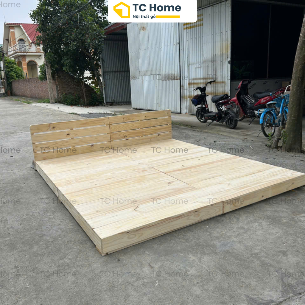 Giường ngủ Pallet TC Home NAN KÍN, ốp viền kín chân, setup phòng trọ, homstay nhiều kích thước