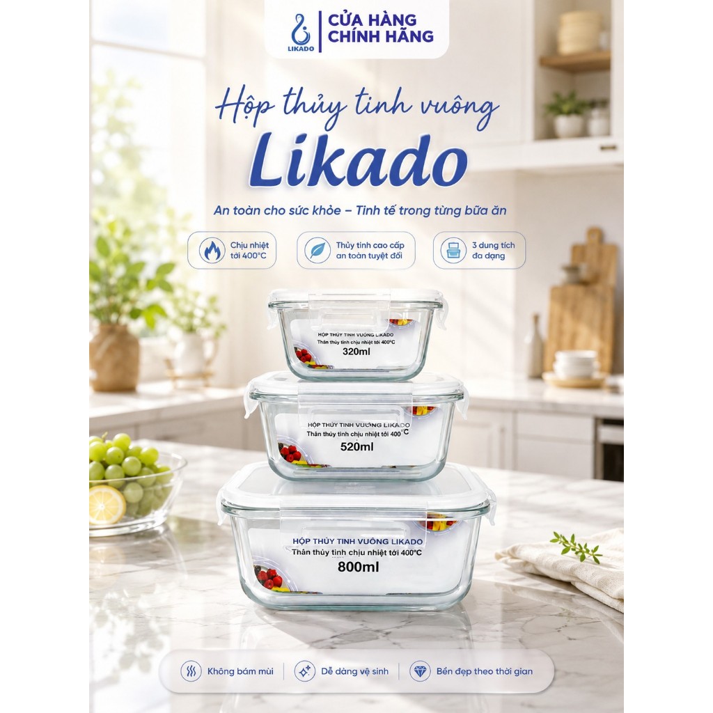 Hộp thủy tinh vuông Likado chịu nhiệt, nắp đậy kín, dùng được trong lò vi sóng