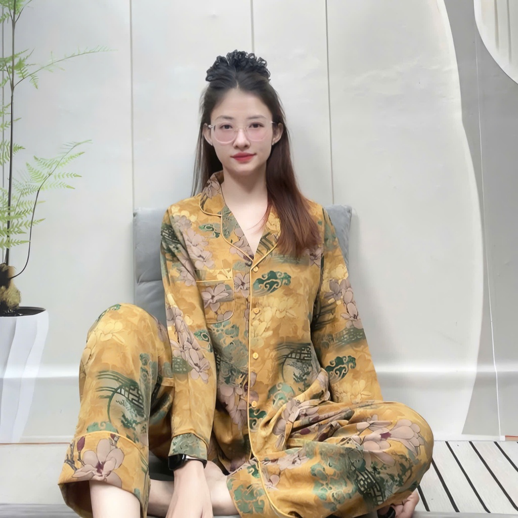 [Tay Dài] Mango Đồ Bộ Pyjama Viền Lé Tay Dài Quần Dài Lụa Cao Cấp Size 45-69kg