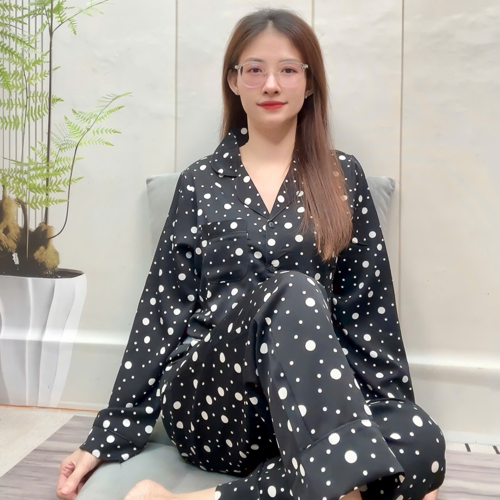 [Tay Dài] Mango Đồ Bộ Pyjama Viền Lé Tay Dài Quần Dài Lụa Cao Cấp Size 45-69kg